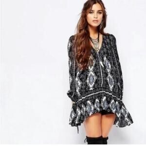 Free people down by the bay black tunic top printed boho coastal cowgirl